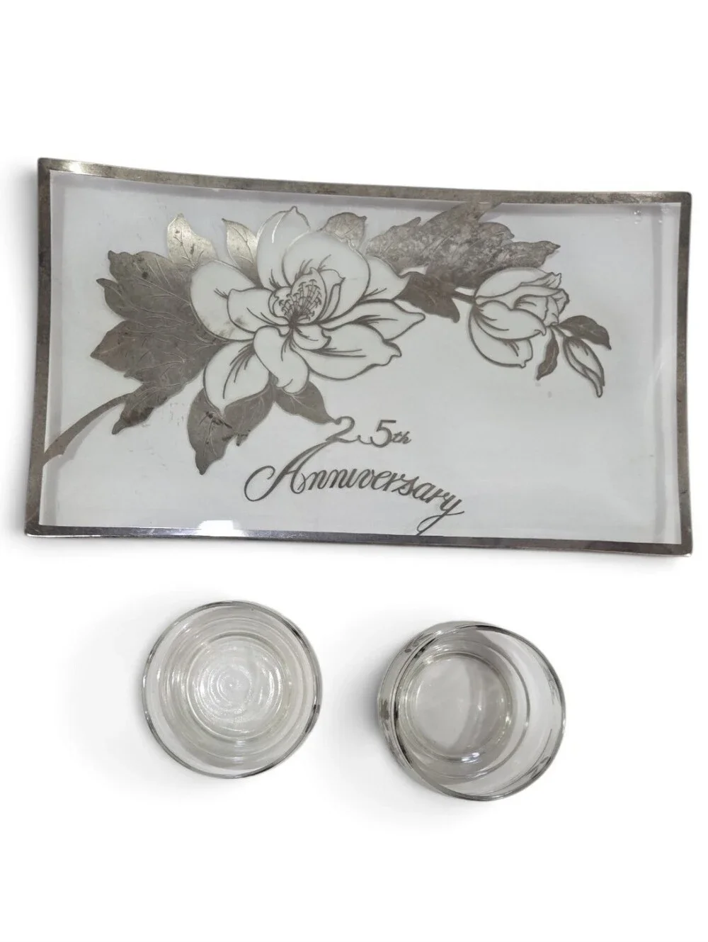 Vintage 25th Anniversary Decorative Glass Tray and Votive Set - Silver Floral